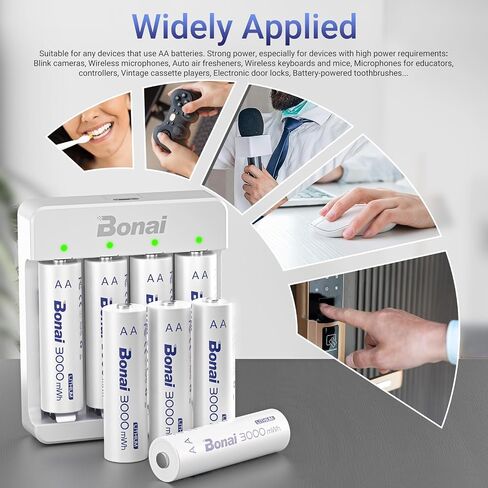 BONAI Rechargeable Lithium AA Batteries with Charger, 3000mWh 1.5V AA Batteries for Blink Camera 8 Count with 2H Fast Charge- Blue in Kuwait