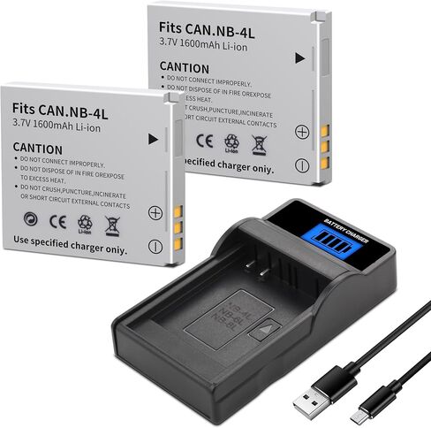 2-Pack NB-4L Battery, LCD Slim USB Charger Compatible for Canon ELPH 100 HS | 300 HS, 310 HS, 330 HS, VIXIA mini, Powershot SD400, SD450, SD600, SD630, SD750, SD780, SD940, SD1000, SD1100 is, SD1400 is in Kuwait
