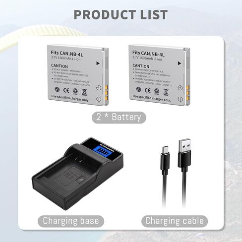 2-Pack NB-4L Battery, LCD Slim USB Charger Compatible for Canon ELPH 100 HS | 300 HS, 310 HS, 330 HS, VIXIA mini, Powershot SD400, SD450, SD600, SD630, SD750, SD780, SD940, SD1000, SD1100 is, SD1400 is in Kuwait