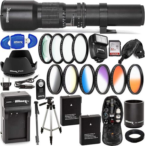 Ultimaxx 500mm (1000mm w/ 2X Converter) Telephoto Zoom Lens Plus Accessory Kit; Includes: 2X EN-EL14 Batteries and More for Nikon D5600, D5300, D5500, D5200, D5100 D3200, D3100, D3400, D3500 and More in Kuwait