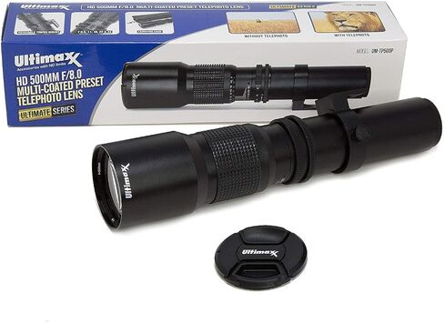 Ultimaxx 500mm (1000mm w/ 2X Converter) Telephoto Zoom Lens Plus Accessory Kit; Includes: 2X EN-EL14 Batteries and More for Nikon D5600, D5300, D5500, D5200, D5100 D3200, D3100, D3400, D3500 and More in Kuwait