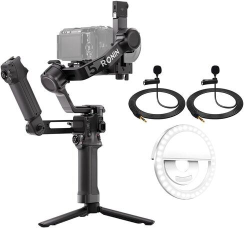 DJI RS 5 Combo Camera Stabilizer Bundle with 2X Deco Essentials 3.5mm Computer Clip-On Mini Lapel Microphone, Black + Professional LED Cordless Smartphone Ring Light in Kuwait