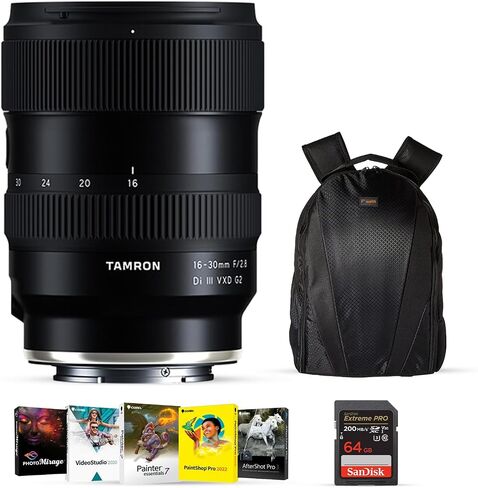 Tamron 16-30mm f/2.8 Di III VXD G2 Lens for Full Frame Sony E Mirrorless Camera & 7.5" Close Focus with Corel OEM Photo Video Art Suite Software Kit - 64GB SDXC Memory Card & Backpack - Bundle Kit in Kuwait