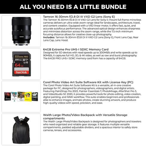 Tamron 16-30mm f/2.8 Di III VXD G2 Lens for Full Frame Sony E Mirrorless Camera & 7.5" Close Focus with Corel OEM Photo Video Art Suite Software Kit - 64GB SDXC Memory Card & Backpack - Bundle Kit in Kuwait