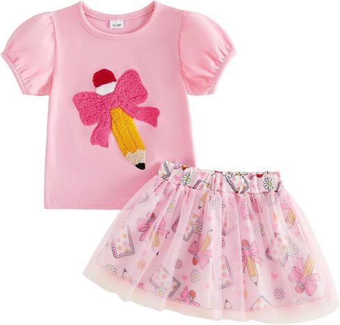 Toddler Girl Back to School Outfit Apple Ribbed Tank Top Skirt Set | Girls First Day of School Clothes, Sleeveless Collared Top Apple Skirt Sets, Cute First Preschool Kindergarten Dress, in Kuwait