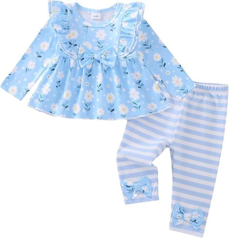 Baby Girl Clothes Infant Toddler Girl Fall Outfits Floral Pants Set 3M-3T | Fall Winter Clothes, Ruffle Bow Shirts, Stripe Pants, Cute Clothing Set, 2 Piece, Long Sleeve, Home, Outdoor, Gifts, Soft in Kuwait