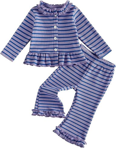WZTYYDS Toddler Baby Girl Fall Clothes Ruffle Tops Flared Pants Set | Waffle Knit, Striped, Long Sleeve Button Down Shirt, Bell Bottoms, 6M, 12M ,18M, 2T, 3T, 4T, Little Kids, 2Pcs Outfit in Kuwait