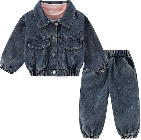 Peacolate Baby Girls Denim Clothing Sets 3Pcs Sets T Shirt Denim Jacket and Jeans in Kuwait
