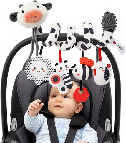 Koty Crib Stroller Car Seat Toys for Baby 0 3 6 9 12 Months, Tummy Time Hanging Sensory Toys for Newborn with Teether, Spiral Carseat Toy for Infant Boys Girls Gifts (Black White) in Kuwait