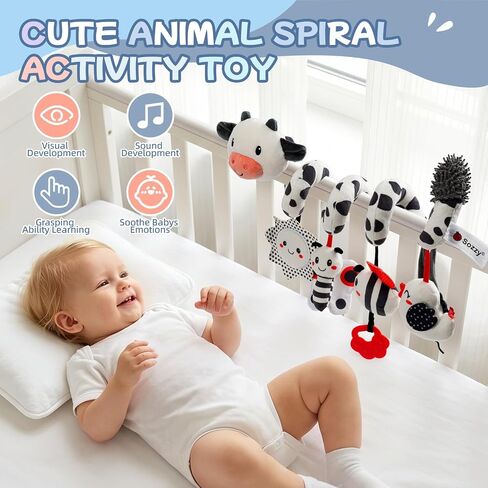 Koty Crib Stroller Car Seat Toys for Baby 0 3 6 9 12 Months, Tummy Time Hanging Sensory Toys for Newborn with Teether, Spiral Carseat Toy for Infant Boys Girls Gifts (Black White) in Kuwait