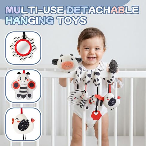 Koty Crib Stroller Car Seat Toys for Baby 0 3 6 9 12 Months, Tummy Time Hanging Sensory Toys for Newborn with Teether, Spiral Carseat Toy for Infant Boys Girls Gifts (Black White) in Kuwait