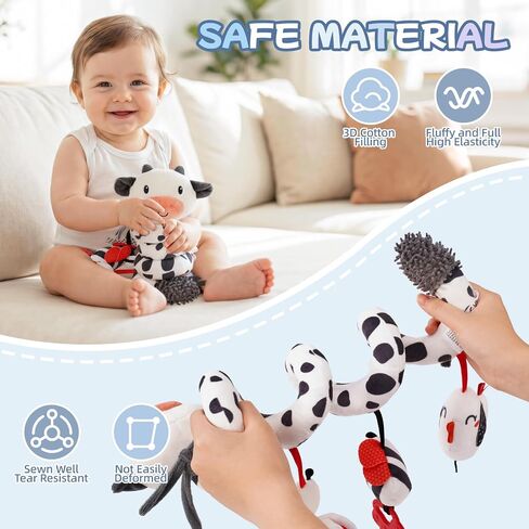 Koty Crib Stroller Car Seat Toys for Baby 0 3 6 9 12 Months, Tummy Time Hanging Sensory Toys for Newborn with Teether, Spiral Carseat Toy for Infant Boys Girls Gifts (Black White) in Kuwait