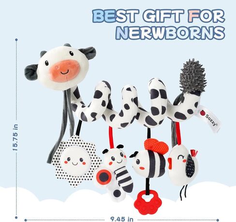 Koty Crib Stroller Car Seat Toys for Baby 0 3 6 9 12 Months, Tummy Time Hanging Sensory Toys for Newborn with Teether, Spiral Carseat Toy for Infant Boys Girls Gifts (Black White) in Kuwait
