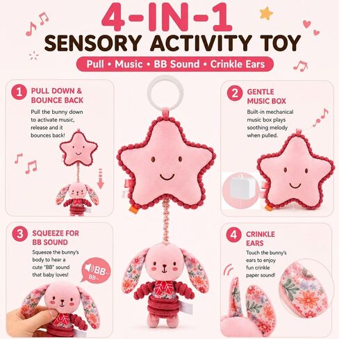 Pull Down Musical Baby Toy for Stroller & Car Seat, Plush Sensory Hanging Toy with Bounce Back Action, Infant Travel Toy for Newborns in Kuwait
