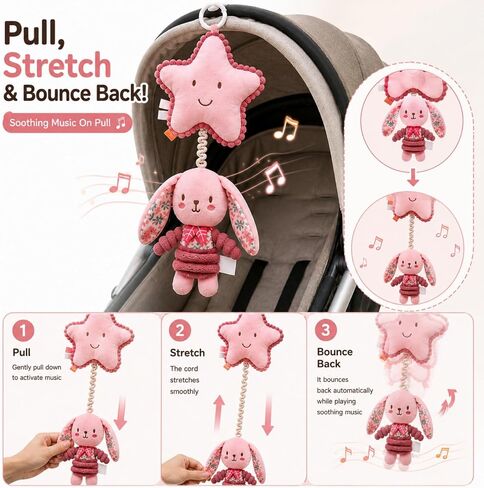 Pull Down Musical Baby Toy for Stroller & Car Seat, Plush Sensory Hanging Toy with Bounce Back Action, Infant Travel Toy for Newborns in Kuwait