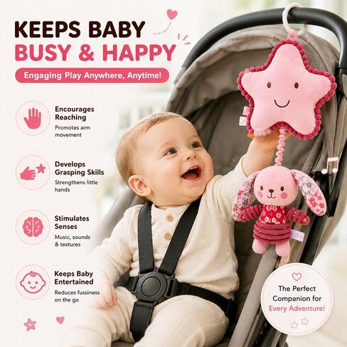Pull Down Musical Baby Toy for Stroller & Car Seat, Plush Sensory Hanging Toy with Bounce Back Action, Infant Travel Toy for Newborns in Kuwait