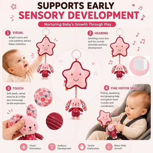 Pull Down Musical Baby Toy for Stroller & Car Seat, Plush Sensory Hanging Toy with Bounce Back Action, Infant Travel Toy for Newborns in Kuwait