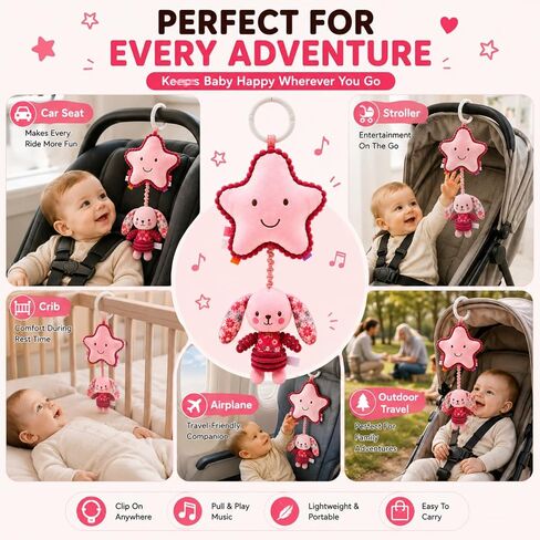 Pull Down Musical Baby Toy for Stroller & Car Seat, Plush Sensory Hanging Toy with Bounce Back Action, Infant Travel Toy for Newborns in Kuwait
