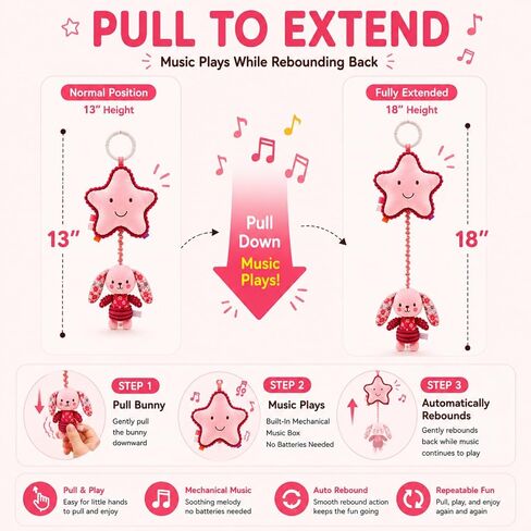 Pull Down Musical Baby Toy for Stroller & Car Seat, Plush Sensory Hanging Toy with Bounce Back Action, Infant Travel Toy for Newborns in Kuwait