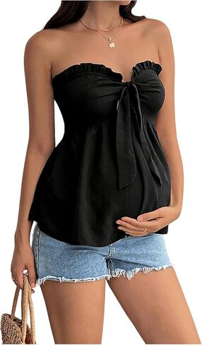 MAKEMECHIC Women's Maternity Tube Tops Ruffle Strapless Tie Knot Frill Trim Summer Top in Kuwait