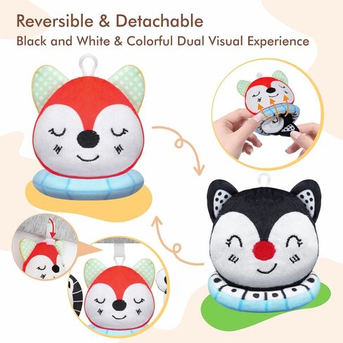 iGRATENS Baby Bjorn Bouncer Toy Bar, 3pcs Reversible Animal Plushie 3-Inch Two-Sided Flip Plush Toy in Black and White & Colorful Design, Dual-view Effect, Easy to Attach & Remove, Soft & Fun for Baby in Kuwait