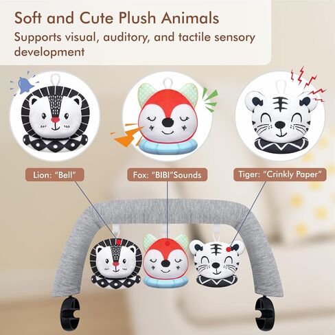 iGRATENS Baby Bjorn Bouncer Toy Bar, 3pcs Reversible Animal Plushie 3-Inch Two-Sided Flip Plush Toy in Black and White & Colorful Design, Dual-view Effect, Easy to Attach & Remove, Soft & Fun for Baby in Kuwait