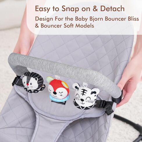 iGRATENS Baby Bjorn Bouncer Toy Bar, 3pcs Reversible Animal Plushie 3-Inch Two-Sided Flip Plush Toy in Black and White & Colorful Design, Dual-view Effect, Easy to Attach & Remove, Soft & Fun for Baby in Kuwait