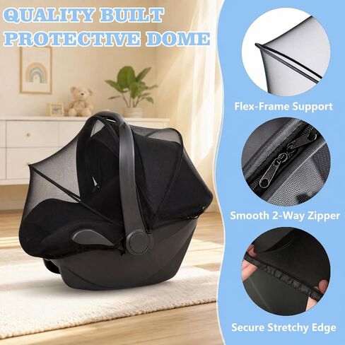 Universal Baby Car Seat Mosquito Net with Flexible Frame, Breathable 2-Way Zipper Mesh Bug Cover, Elastic Edge Infant Shield Compatible with Doona Stroller Travel Carrier, (Black) in Kuwait