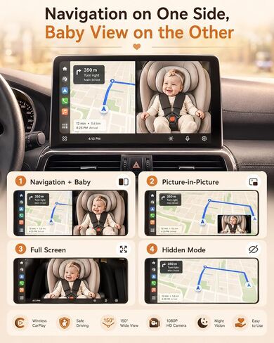 Cabin Care 1080P Baby Car Camera Wireless CarPlay Adapter for iPhone Only | Baby view on screen, split nav, night vision, 150° wide, No Android Support in Kuwait