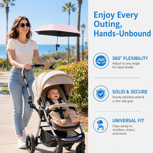 Umbrella Holder for Stroller Chair, Universal 360° Adjustable Umbrella Clamp Mount for Stroller, Beach Chair, Wheelchair & Golf Cart - Tool-Free Installation for Sun & Rain Protection in Kuwait