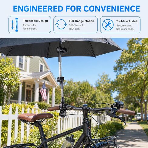 Umbrella Holder for Stroller Chair, Universal 360° Adjustable Umbrella Clamp Mount for Stroller, Beach Chair, Wheelchair & Golf Cart - Tool-Free Installation for Sun & Rain Protection in Kuwait