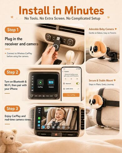 Cabin Care 1080P Baby Car Camera Wireless CarPlay Adapter for iPhone Only | Baby view on screen, split nav, night vision, 150° wide, No Android Support in Kuwait