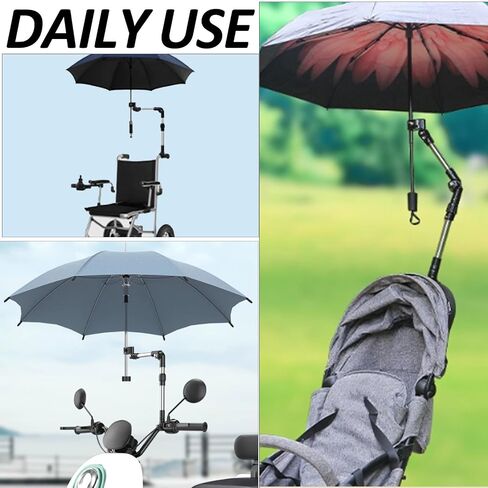 Umbrella Holder for Stroller Chair, Universal 360° Adjustable Umbrella Clamp Mount for Stroller, Beach Chair, Wheelchair & Golf Cart - Tool-Free Installation for Sun & Rain Protection in Kuwait