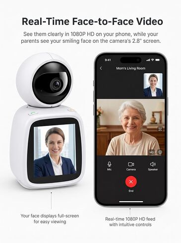 SYMYNELEC Elderly Monitoring Camera with Screen, One-Touch Video Calling | No Monthly Fee, 360° PTZ, 1080P Night Vision, 2.8 in Screen, 2-Way Audio, Motion Tracking, Sound Alert, Physical Privacy Mode in Kuwait