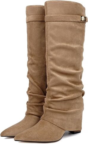 Beauty Cry Women's Fold Over Knee High Boots Suede Pointed Toe Boots in Kuwait