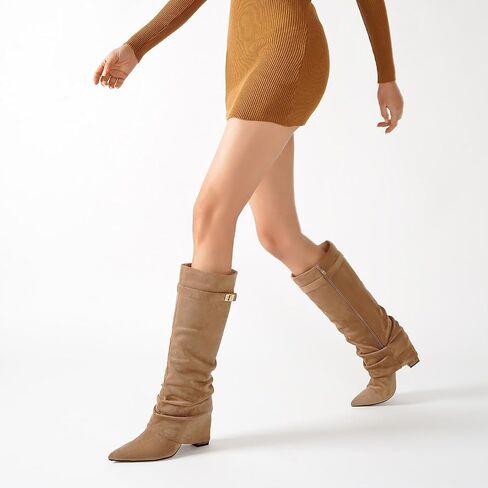 Beauty Cry Women's Fold Over Knee High Boots Suede Pointed Toe Boots in Kuwait