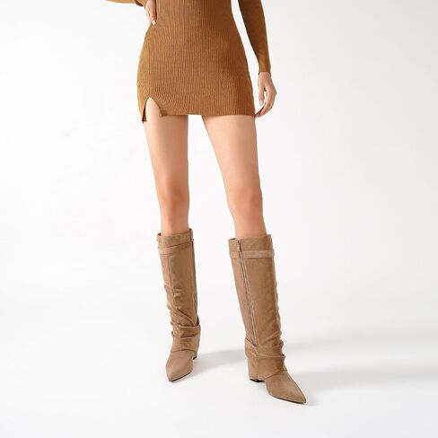 Beauty Cry Women's Fold Over Knee High Boots Suede Pointed Toe Boots in Kuwait