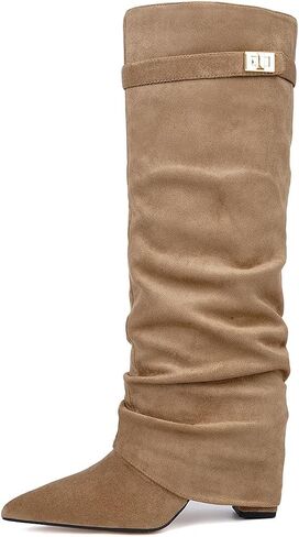 Beauty Cry Women's Fold Over Knee High Boots Suede Pointed Toe Boots in Kuwait