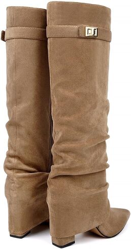 Beauty Cry Women's Fold Over Knee High Boots Suede Pointed Toe Boots in Kuwait
