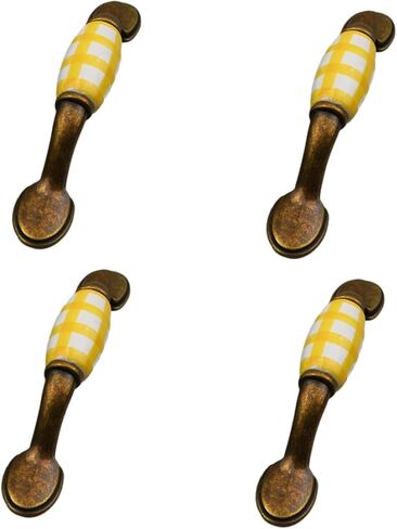 Cabinet Handles,4 Pack Mediterranean Painted Pastoral Grid Ceramic Handle(Huang Ge) in Kuwait