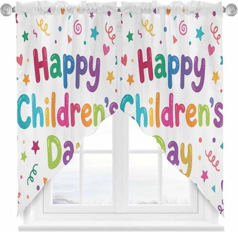 Happy Children's Day Swag Curtains Valance For Kitchen Windows, Modern Ribbons Stars Love Hearts Wide Rod Pocket Curtain Drapes, Bathroom Cafe Living Room Light Filtering Drapery Panels, 72"W x 63"H in Kuwait