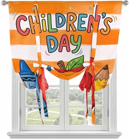 Tie Up Curtains for Small Windows,Adjustable Rod Pocket Children's Day Valance 45 Inch Short, Cartoon Pencil Watercolor Blue Striped Window Treatment Balloon Roman Blind Shade, 34" x 45" in Kuwait