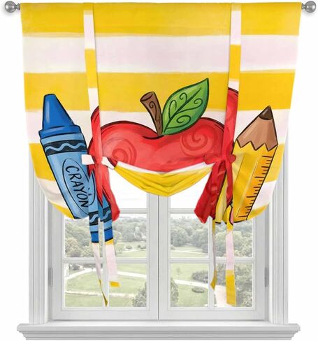 Tie Up Curtains for Kitchen Windows,Adjustable Rod Pocket Children's Day Valance 63 Inch Long, Funny Cartoon Pencil Yellow Striped Window Treatment Balloon Roman Blind Shade, 42" x 63" in Kuwait