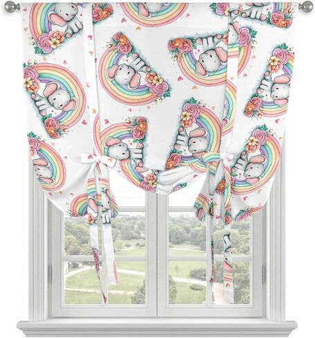 Tie Up Curtains for Small Windows,Adjustable Rod Pocket Elephant Valance 45 Inch Short, Cute Rainbow Animals Colorful Cartoon Window Treatment Balloon Roman Blind Shade, 34" x 45" in Kuwait
