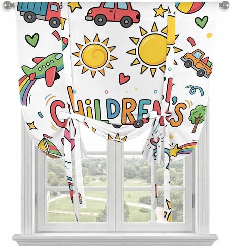Tie Up Curtains for Small Windows,Adjustable Rod Pocket Blue Children's Day Valance 45 Inch Short, Car Tree Stars Modern Abstract Art Cartoon Window Treatment Balloon Roman Blind Shade, 34" x 45" in Kuwait