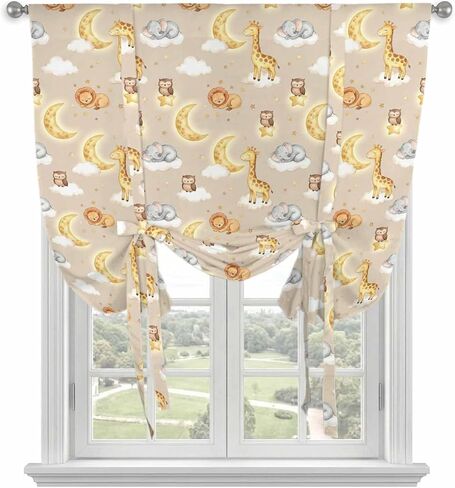 Cartoon Animals Tie Up Curtains for Kitchen Bedroom Living Room Windows, Cute Giraffe Elephant Lions Owl Yellow Moon Adjustable Tie-Up Shade Rod Pocket Curtain Valance Drape 1 Panel, 42"x45" in Kuwait