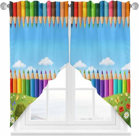 Cartoon Cute Swag Curtains Valance For Kitchen Windows, Country Colorful Botanical Sky Blue Green Wide Rod Pocket Curtain Drapes, Bathroom Cafe Living Room Light Filtering Drapery Panels, 72"W x 36"H in Kuwait