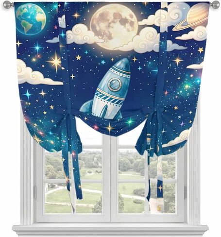 Tie Up Curtains for Small Windows,Adjustable Rod Pocket Children's Day Valance 45 Inch Short, Galaxy Universe Stars Starry Rocket Moon Window Treatment Balloon Roman Blind Shade, 34" x 45" in Kuwait