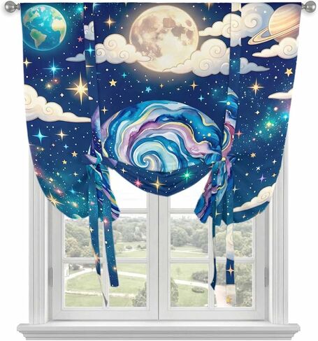 Tie Up Curtains for Kitchen Windows,Adjustable Rod Pocket Children's Day Valance 63 Inch Long, Galaxy Universe Stars Starry Sky Rocket Window Treatment Balloon Roman Blind Shade, 52" x 63" in Kuwait