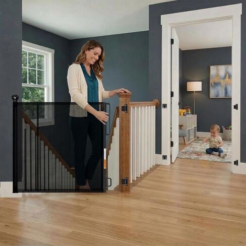 Retractable Baby Gate - 72" Wide Mesh Dog Gate with Support Rods - 34" Tall for Stairs, Doorways, Hallways - Drill or No-Drill - Pet & Cat Gate - Outdoor/Indoor (Black, 5.91 Feet) in Kuwait